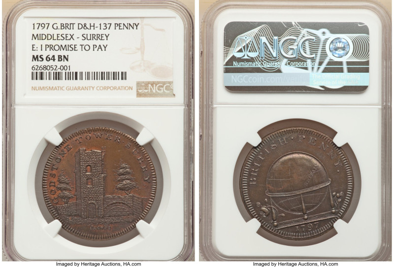 Middlesex. Surrey copper Penny Token 1797 MS64 Brown NGC, D&H-137. Edge: I PROMI...