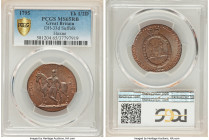 Suffolk. Hoxne copper 1/2 Penny Token 1795 MS65 Red and Brown PCGS, D&H-33d. PRO ARIS ET FOCIS Cavalryman with sword at side, standing beside horse le...