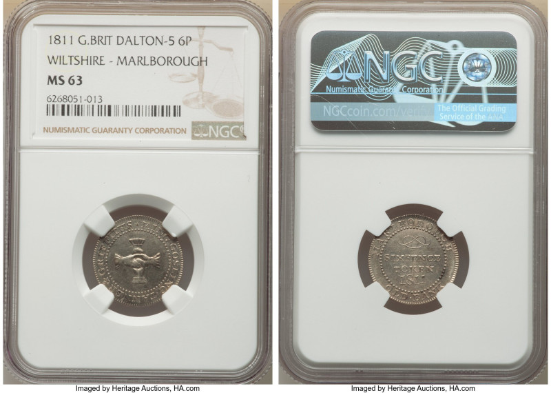 Wiltshire. Marlborough silver 6 Pence Token 1811 MS63 NGC, Dalton-5. KING GOSLIN...