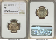 Victoria Shilling 1885 MS64 NGC, KM734.4, S-3907. Well struck example with muted luster and a seafoam green and silver-gray patina. 

HID09801242017

...