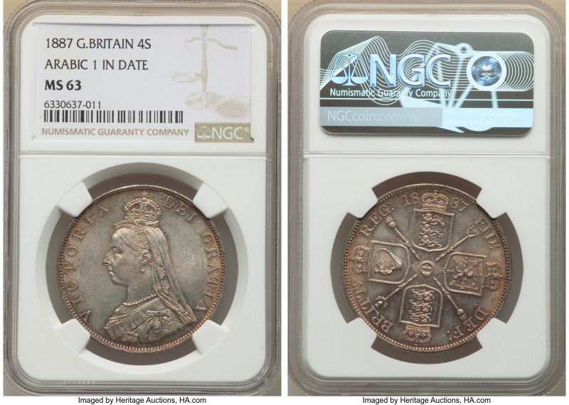 Victoria Double Florin 1887 MS63 NGC, KM763, S-3922. Arabic 1 in date variety. 
...