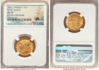 Victoria gold Sovereign 1853 AU53 NGC, KM736.1, S-3852C. "W.W." Raised variety. Recovered from the Douro shipwreck, which sank in a collision off the ...