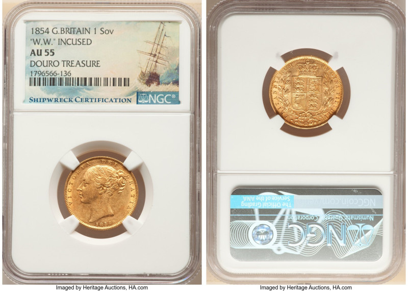 Victoria gold Sovereign 1854 AU55 NGC, KM736.1, s-3852D. "W.W." Incused variety....