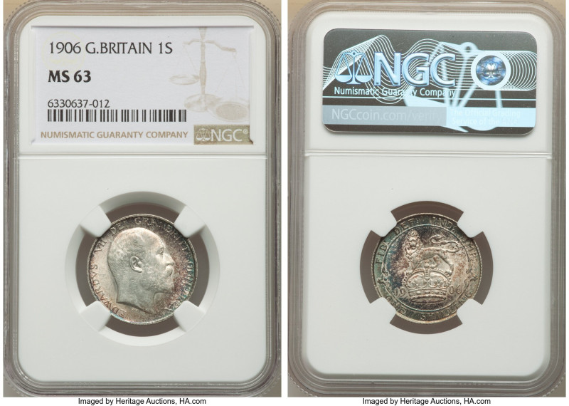 Edward VII Shilling 1906 MS63 NGC, KM800, S-3982. Cobalt, turquoise and cranberr...