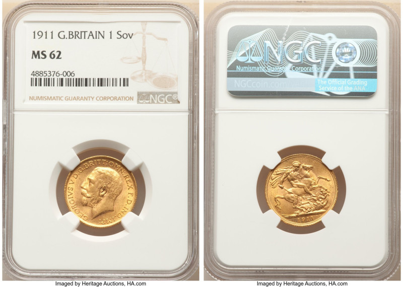 George V gold Sovereign 1911 MS62 NGC, KM820, S-3996, First year of type. 

HID0...