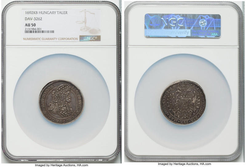 Leopold I Taler 1692-KB AU50 NGC, Kremnitz mint, KM214.3, Dav-3262. Deeply patin...