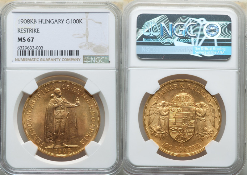 Franz Joseph I gold Restrike 100 Korona 1908-KB MS67 NGC, Kremnitz mint, KM491. ...