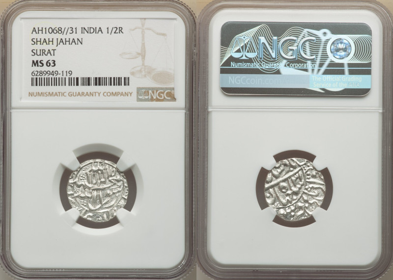 Mughal Empire. Shah Jahan 1/2 Rupee AH 1068 Year 31 (1657/1658) MS63 NGC, Surat ...