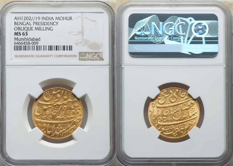 British India. Bengal Presidency gold Mohur AH 1202 Year 19 (1787/1788) MS63 NGC...