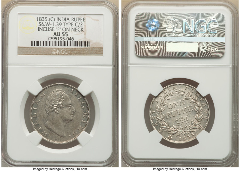 British India. William IV Rupee 1835-(c) AU55 NGC, Calcutta mint, KM450.3. S&W-1...