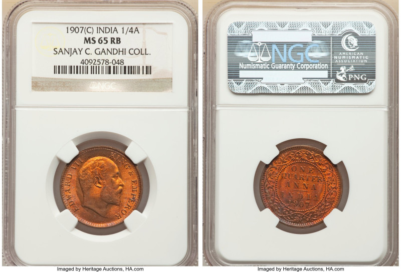 British India. Edward VII 1/4 Anna 1907-(c) MS65 Red and Brown NGC, Calcutta min...