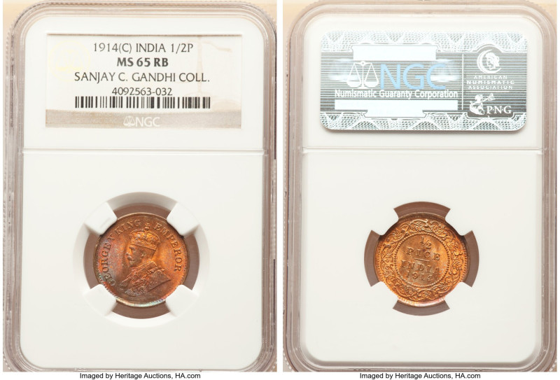 British India. George V Pair of Certified 1/2 Pice NGC, 1) 1/2 Pice 1914-(c) - M...