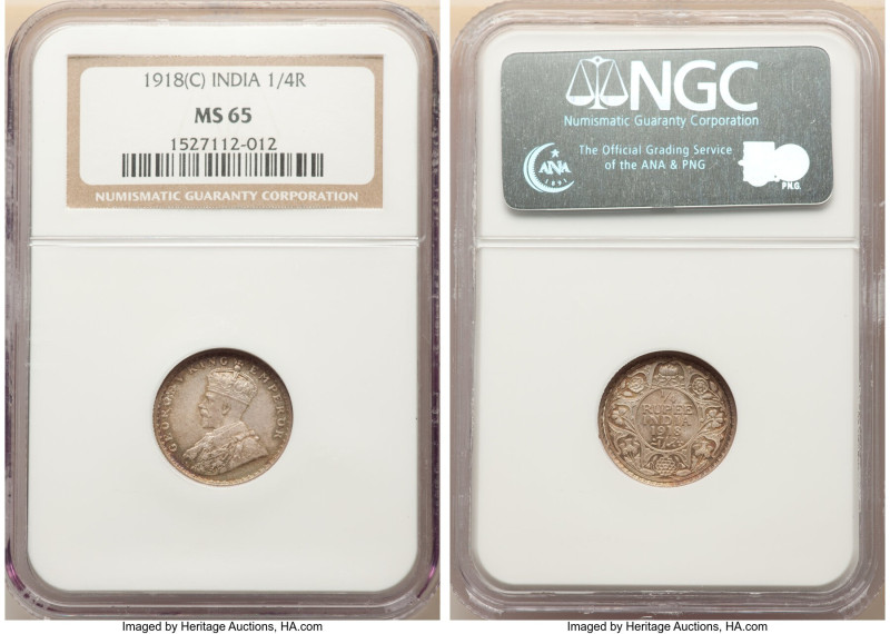 British India. George V Pair of Certified 1/4 Rupees 1918-(c) MS65 NGC, Calcutta...