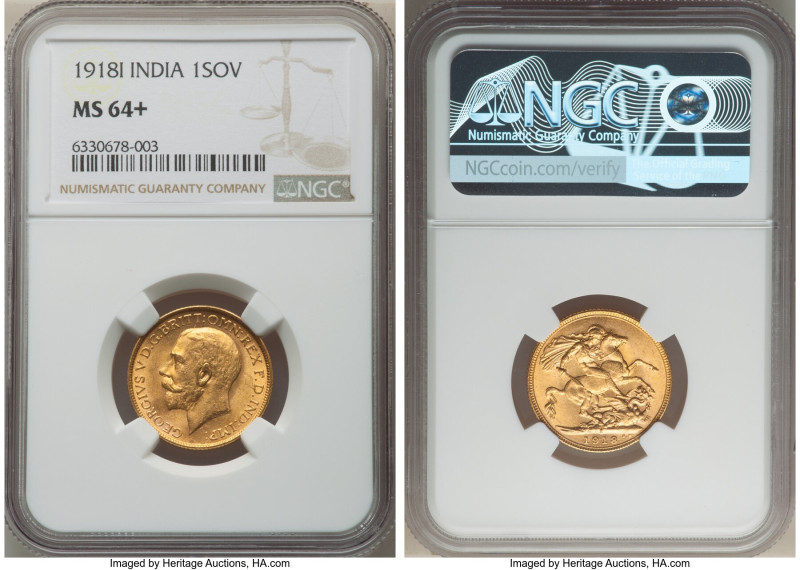 British India. George V gold Sovereign 1918-I MS64+ NGC, Bombay mint, KM-A525, F...