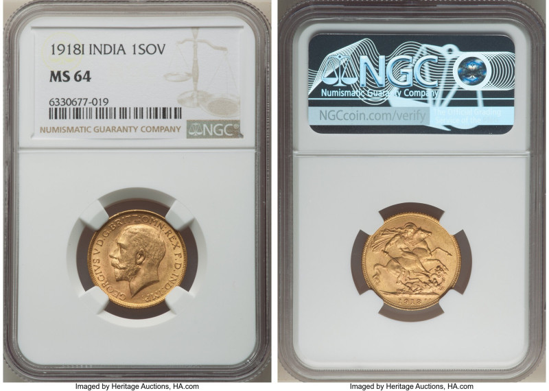 British India. George V gold Sovereign 1918-I MS64 NGC, Bombay mint, KM-A525, Fr...