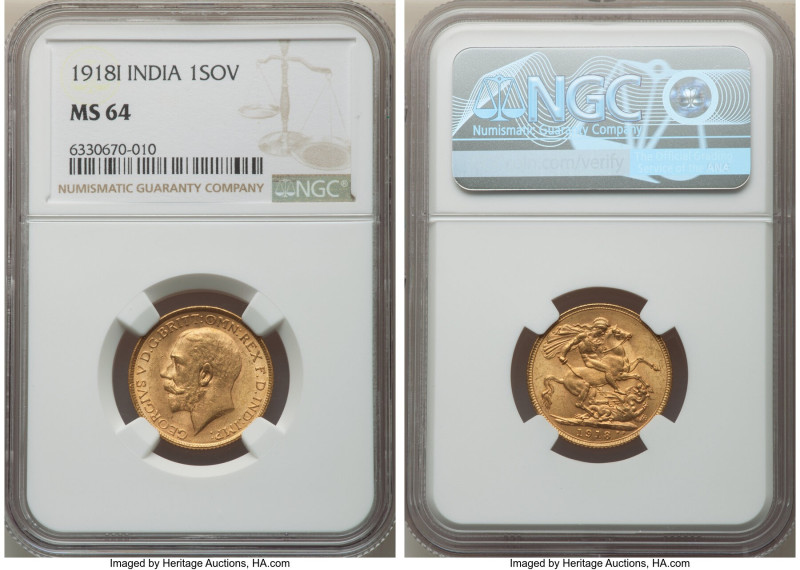 British India. George V gold Sovereign 1918-I MS64 NGC, Bombay mint, KM-A525, Fr...