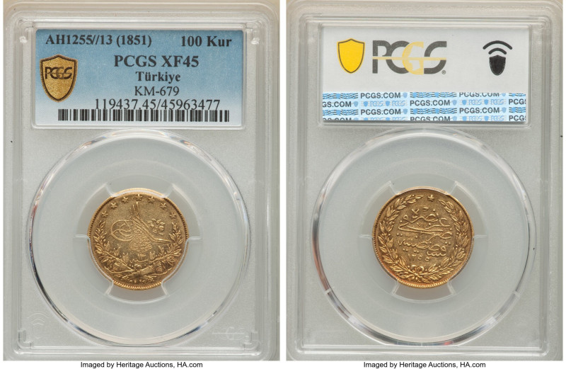 Ottoman Empire. Abdul Mejid gold 100 Kurush AH 1255 Year 13 (1851) XF45 PCGS, KM...