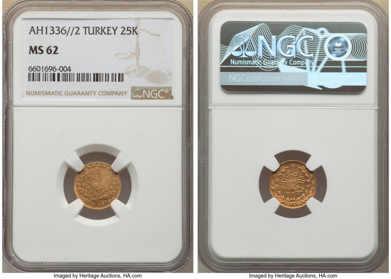 Ottoman Empire. Mehmed VI gold 25 Kurush AH 1336 Year 2 (1918/1919) MS62 NGC, Co...