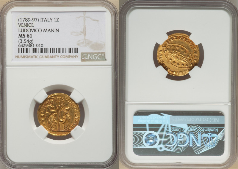 Venice. Ludovico Manin gold Zecchino ND (1789-1797) MS61 NGC, KM755. 3.54gm. 

H...
