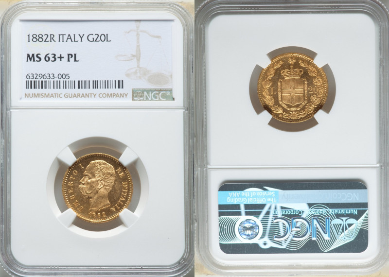 Umberto I gold 20 Lire 1882-R MS63+ Prooflike NGC, Rome mint, KM21, Fr-21. 

HID...