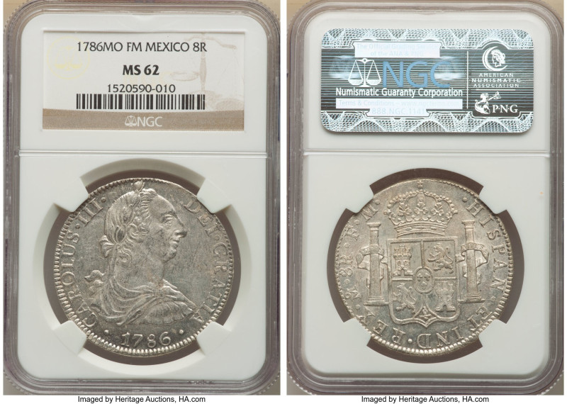 Charles III 8 Reales 1786 Mo-FM MS62 NGC, KM106.2a. Quite a handsome example wit...