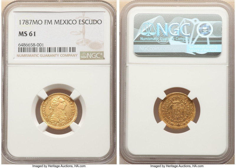 Charles III gold Escudo 1787 Mo-FM MS61 NGC, Mexico City mint, KM118.2a, Fr-36. ...