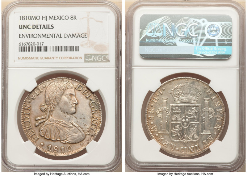 Ferdinand VII 8 Reales 1810 Mo-HJ UNC Details (Environmental Damage) NGC, Mexico...