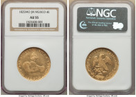 Republic gold 4 Escudos 1825 Mo-JM AU55 NGC, Mexico City mint, KM381.6, Fr-77. Pale gold fields, with remains of mint shimmer in the legends. 

HID098...