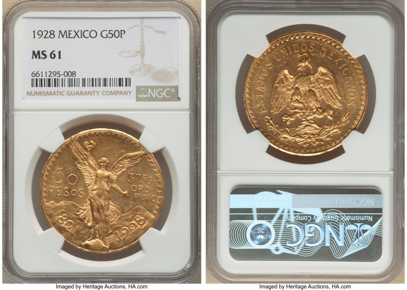 Estados Unidos gold 50 Pesos 1928 MS61 NGC, Mexico City mint, KM481, Fr-172. 

H...
