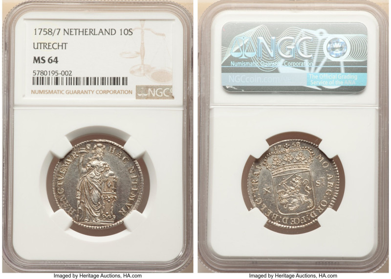 Utrecht. Provincial 10 Stuivers 1758/7 MS64 NGC, Utrecht mint, KM110, Delm-1203....