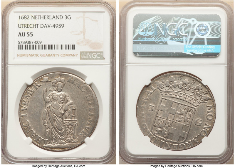 Utrecht. Provincial 3 Gulden 1682 AU55 NGC, Utrecht mint, KM71, Dav-4959. 

HID0...