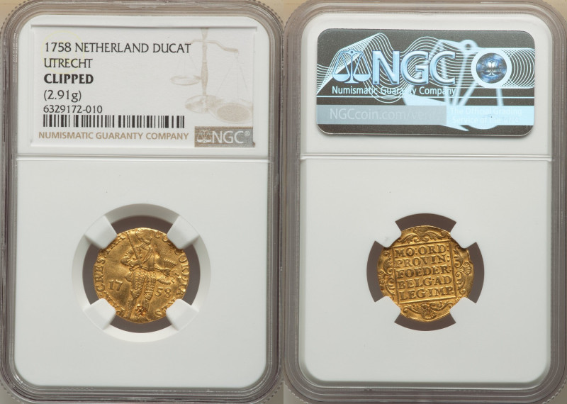 Utrecht. Provincial gold Ducat 1758 Clipped NGC, Utrecht mint, KM7.4. 2.91gm. 

...