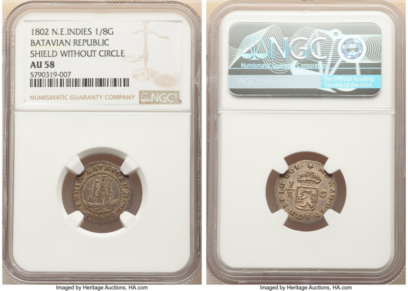 Dutch Colony. Batavian Republic 1/8 Gulden 1802 AU58 NGC, Enkhuizen mint, KM80. ...