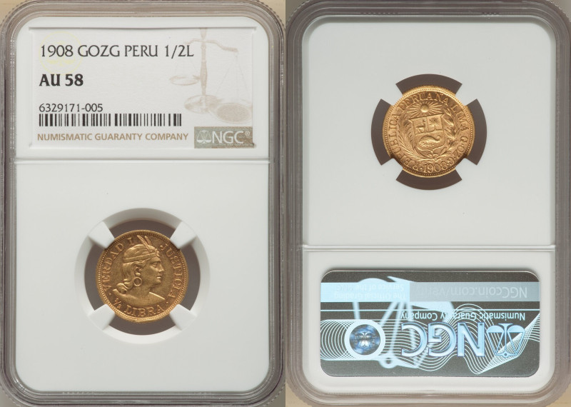 Republic gold 1/2 Libra 1908-GOZG AU58 NGC, Lima mint, KM209, Fr-74. 

HID098012...