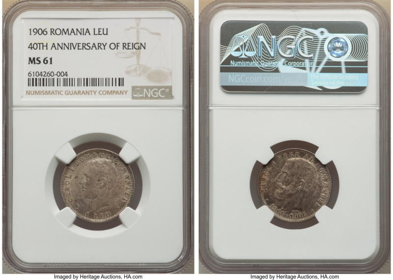 Carol I Leu 1906 MS61 NGC, Brussels mint, KM34. 40th anniversary of reign. 

HID...