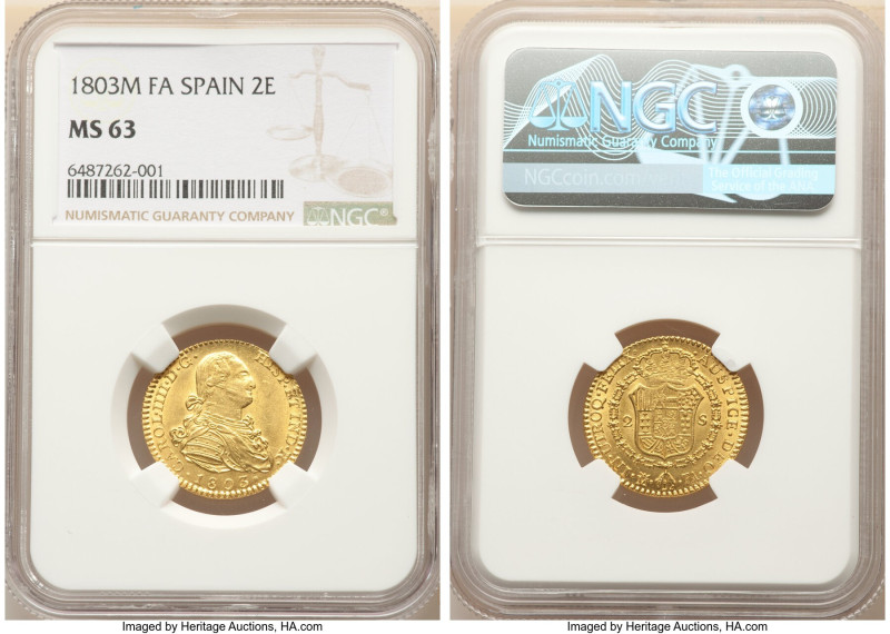 Charles IV gold 2 Escudos 1803 M-FA MS63 NGC, Madrid mint, KM435.1, Fr-296. 

HI...