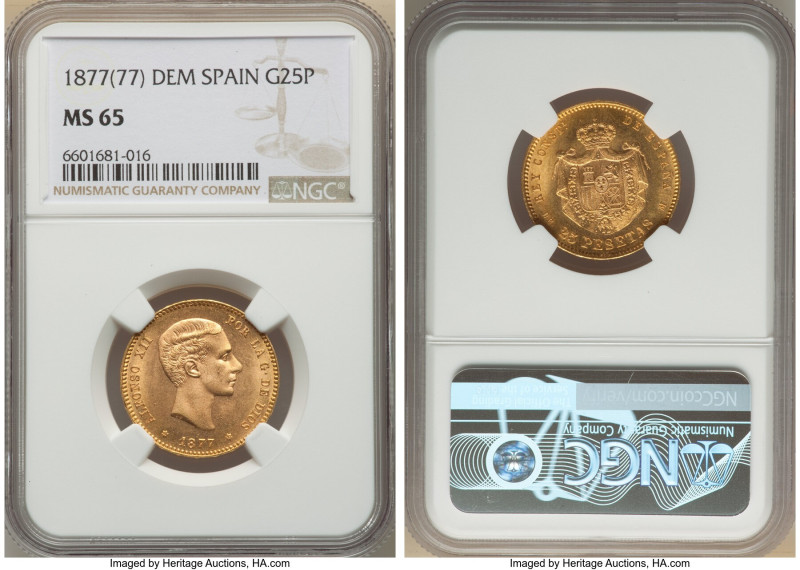 Alfonso XII gold 25 Pesetas 1877(77) DE-M MS65 NGC, Madrid mint, KM673, Fr-342. ...