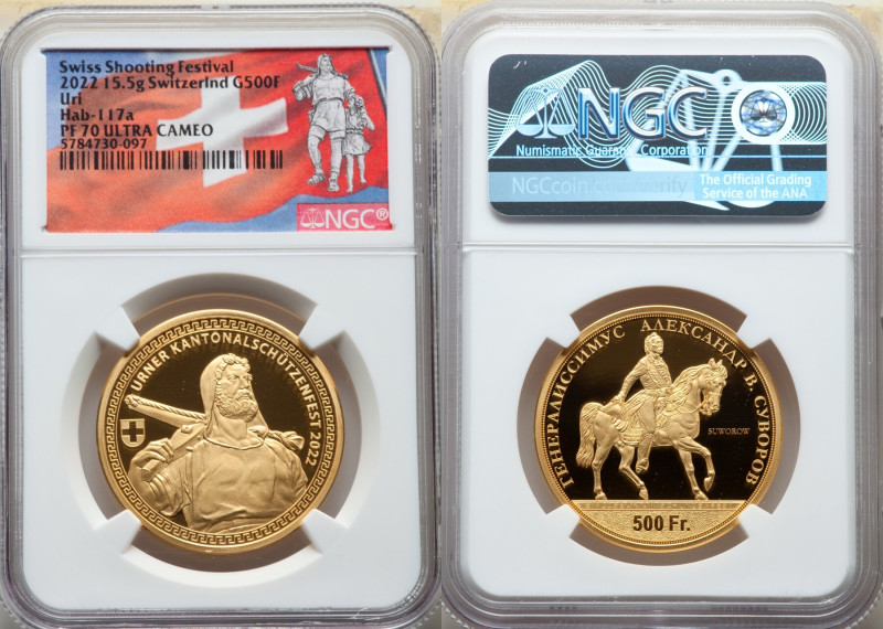 Confederation gold Proof "Canton Uri Shooting Festival" 500 Francs 2022 PR70 Ult...