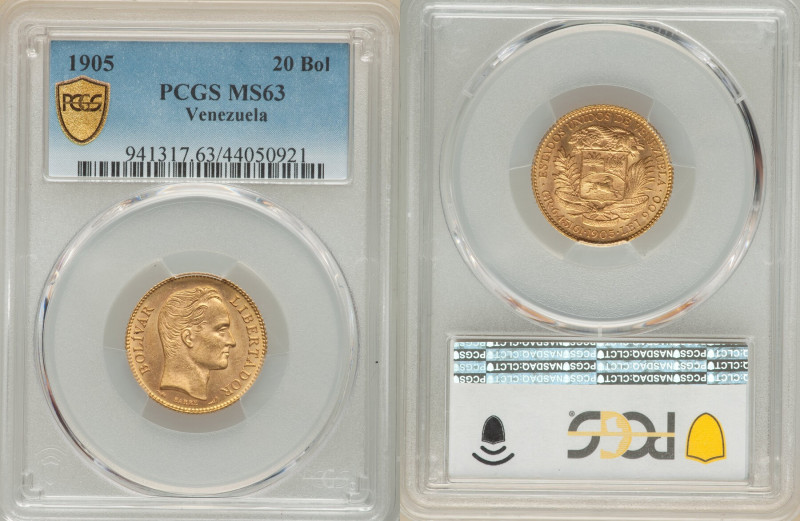 Republic gold 20 Bolivares 1905 MS63 PCGS, Paris mint, KM-Y32, Fr-5c. 

HID09801...