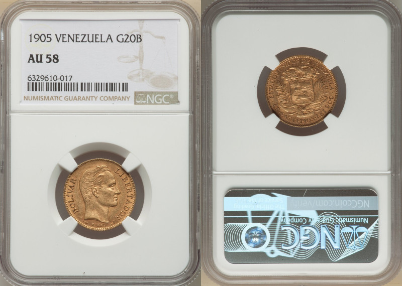 Republic gold 20 Bolivares 1905 AU58 NGC, Paris mint, KM-Y32, Fr-5c. 

HID098012...