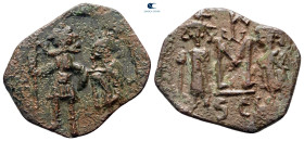 Constans II, with Constantine IV, Heraclius, and Tiberius AD 641-668. Syracuse. Follis Æ