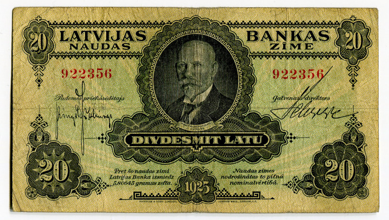 Latvia 20 Latu 1925
P# 17a, # 922356; VF-