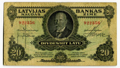 Latvia 20 Latu 1925
P# 17a, # 922356; VF-