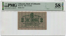 Lithuania 2 Cenru 1922 PMG 58 Choice Abount Unc EPQ
P# 8a, N# 226615; # Serija H