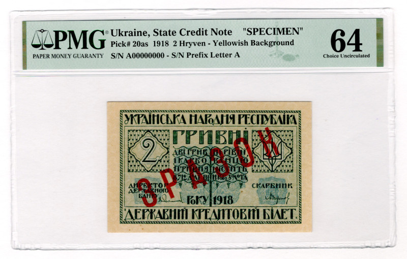 Ukraine 2 Hryven 1918 Specimen PMG 64
P# 20as, # A00000000; UNC