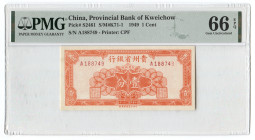 China Provincial Bank of Kweichow 1 Cent 1949 PMG 66 EPQ
P# S2461, N# 239878; # A188749; UNC