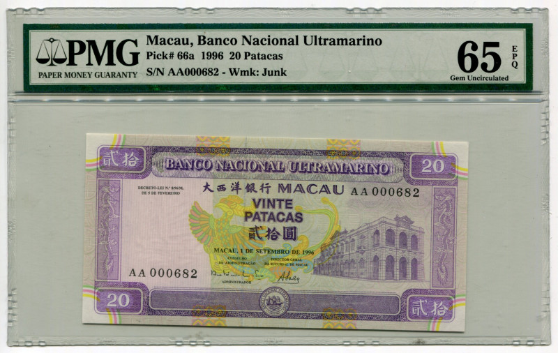 Macao 20 Patacas 1996 PMG 65 EPQ
P# 66a, N# 212183; # AA000682; UNC