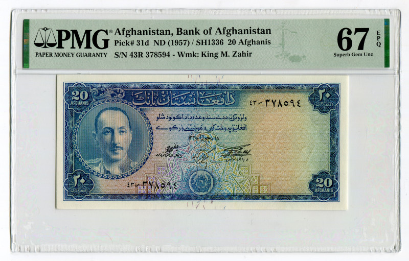 Afghanistan 20 Afghanis 1957 (ND) PMG 67 EPQ
P# 31d, N# 216844; # 43R 378594; U...