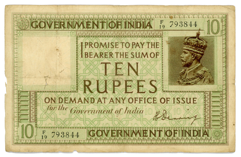 British India 10 Rupees 1917 - 1930 (ND)
P# 6, N# 215365; #F/19 793844; VG-F