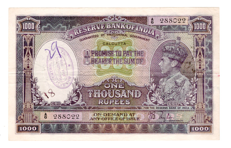 India 1000 Rupees 1937 (ND)
P# 21b, # A6 288022; Calcutta stamp. Rare condition...